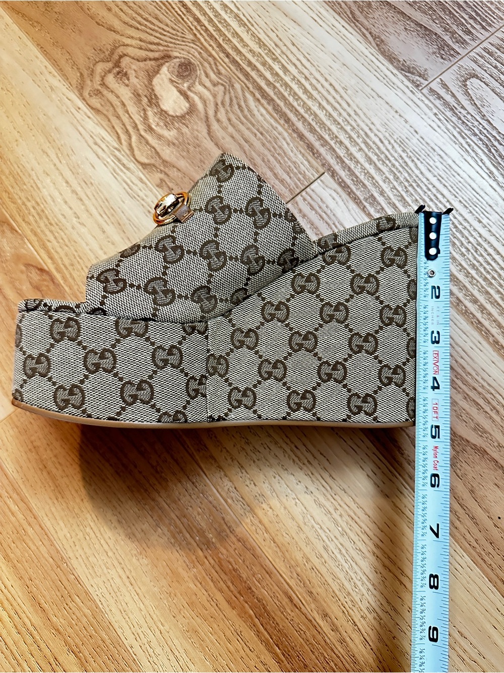 Gucci Beige Monogram Platform Mules with Gold Horsebit - Picture 6 of 9